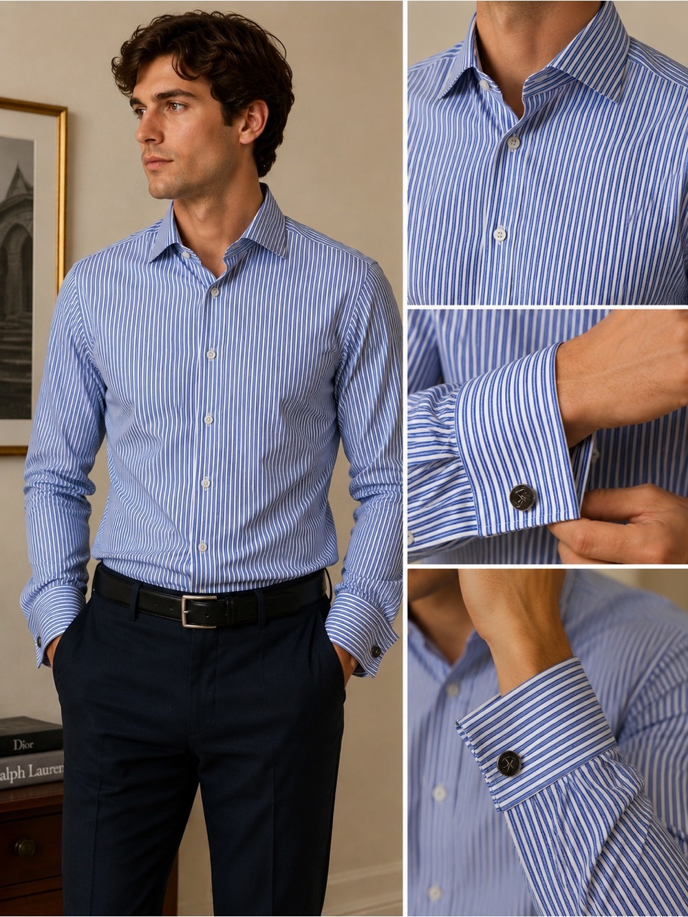 Ralph Lauren Black Label Made In Italy Blue Stripe French Cuff Dress Shirt 16
